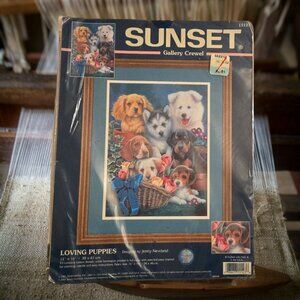 Vintage 2001Sunset Gallery Crewel Loving Puppies 12" x 16" New In Package